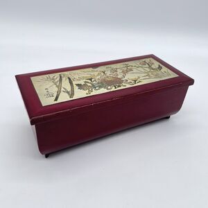 Vintage Precious Art Japan Chokin Music Jewelry Box Red Lacquer Floral Mirror